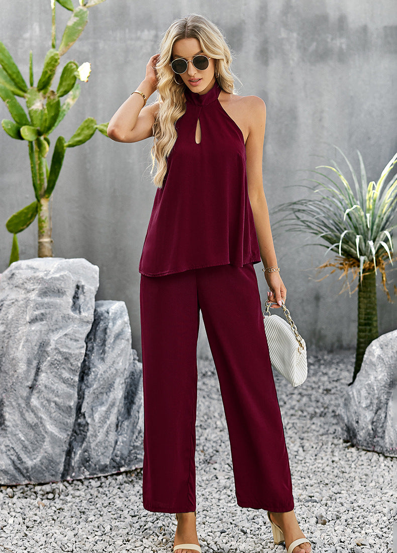 Halter Neck Top and Straight Leg Pants Set - FunkyPeacockStore (Store description)