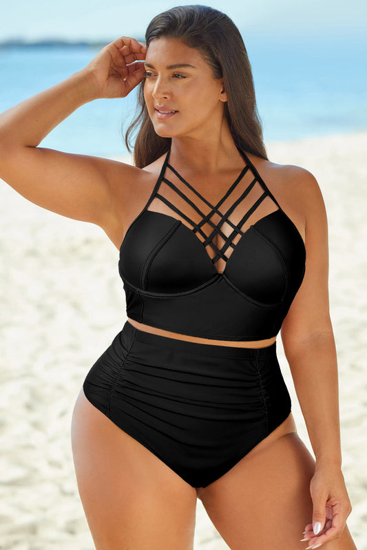 Halter Neck Crisscross Ruched Two-Piece Swimsuit - FunkyPeacockStore (Store description)