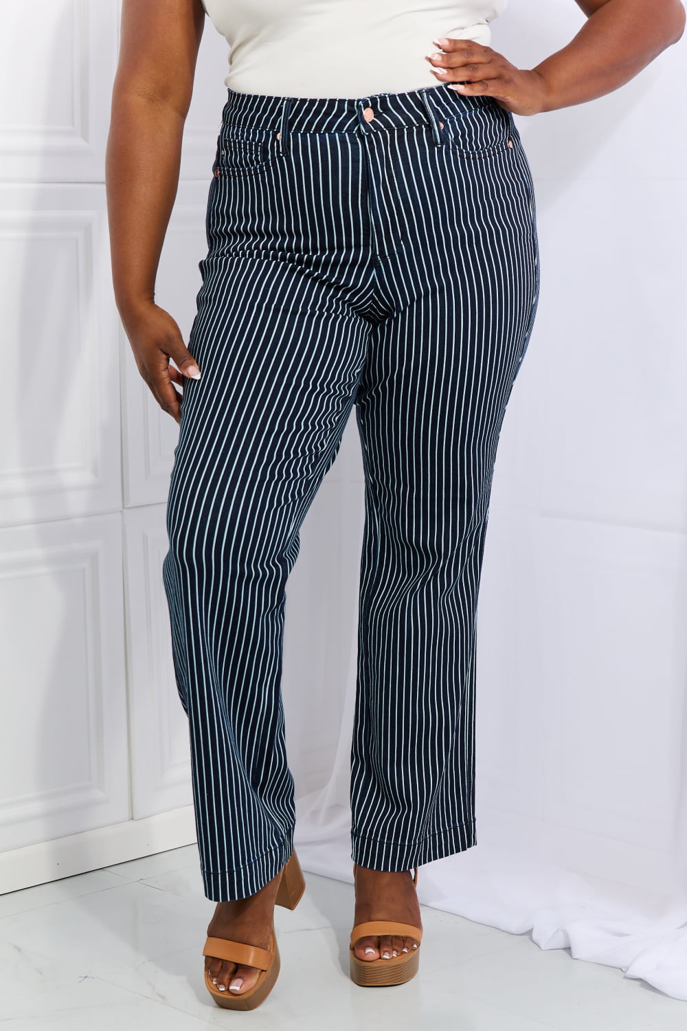 Judy Blue Cassidy High Waisted Tummy Control Striped Straight Jeans - FunkyPeacockStore (Store description)