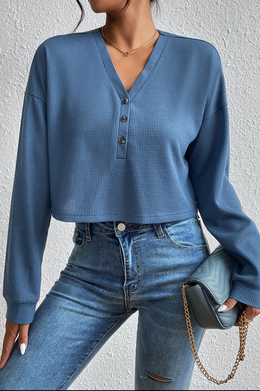 Cropped V-Neck Raglan Sleeve Buttoned Blouse - FunkyPeacockStore (Store description)