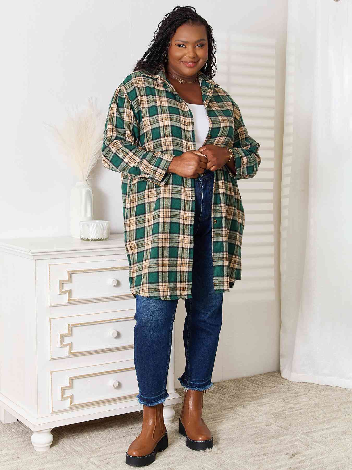 Double Take Plaid Collared Neck Long Sleeve Shirt - FunkyPeacockStore (Store description)