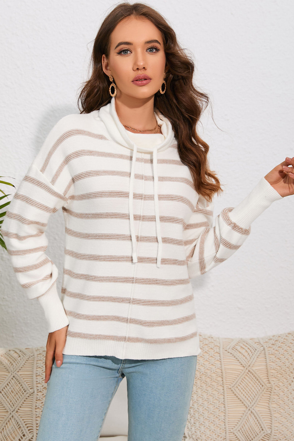 Cowl Neck Drastring Dropped Shoudler Striped Print Blouse - FunkyPeacockStore (Store description)