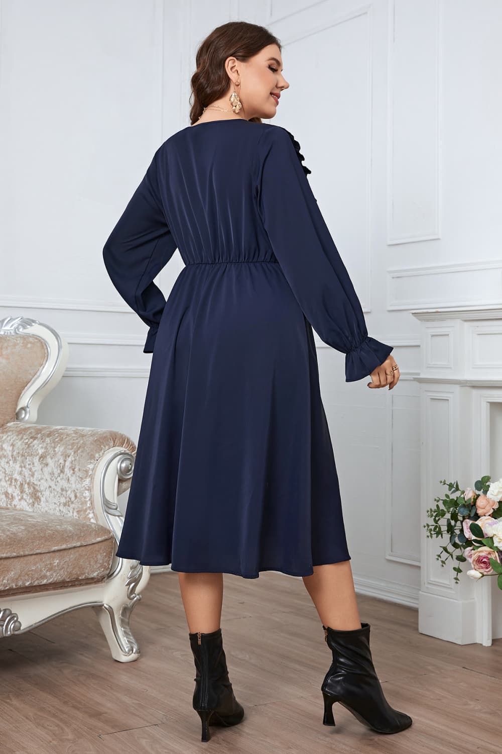 V-Neck Buttoned Flounce Sleeve Dress - FunkyPeacockStore (Store description)