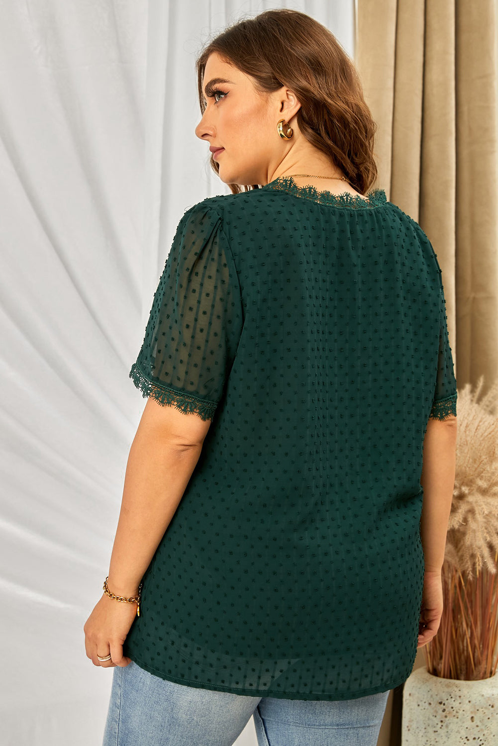 Swiss Dot Spliced Lace V-Neck Blouse - FunkyPeacockStore (Store description)