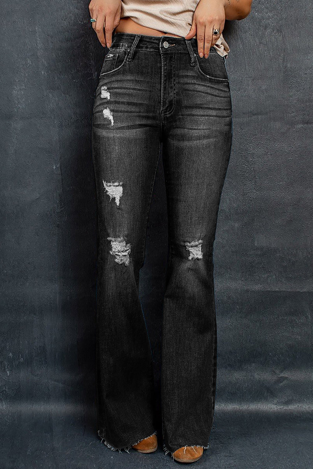Distressed Raw Hem Flare Jeans - FunkyPeacockStore (Store description)