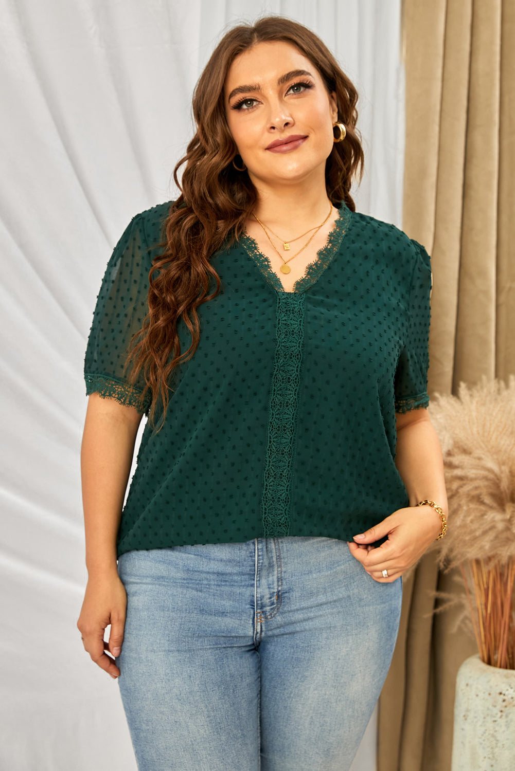 Swiss Dot Spliced Lace V-Neck Blouse - FunkyPeacockStore (Store description)