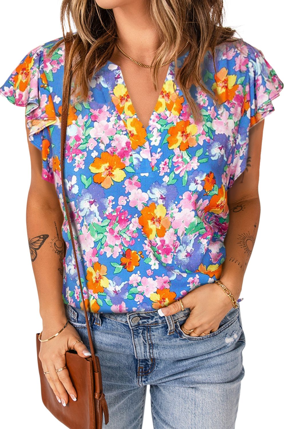 Floral Notched Neck Flutter Sleeve Blouse - FunkyPeacockStore (Store description)