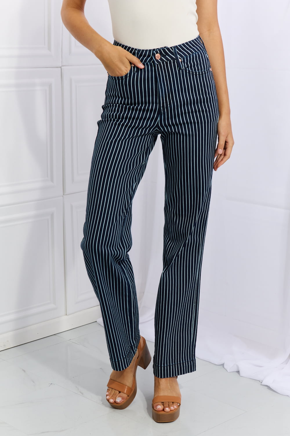 Judy Blue Cassidy High Waisted Tummy Control Striped Straight Jeans - FunkyPeacockStore (Store description)