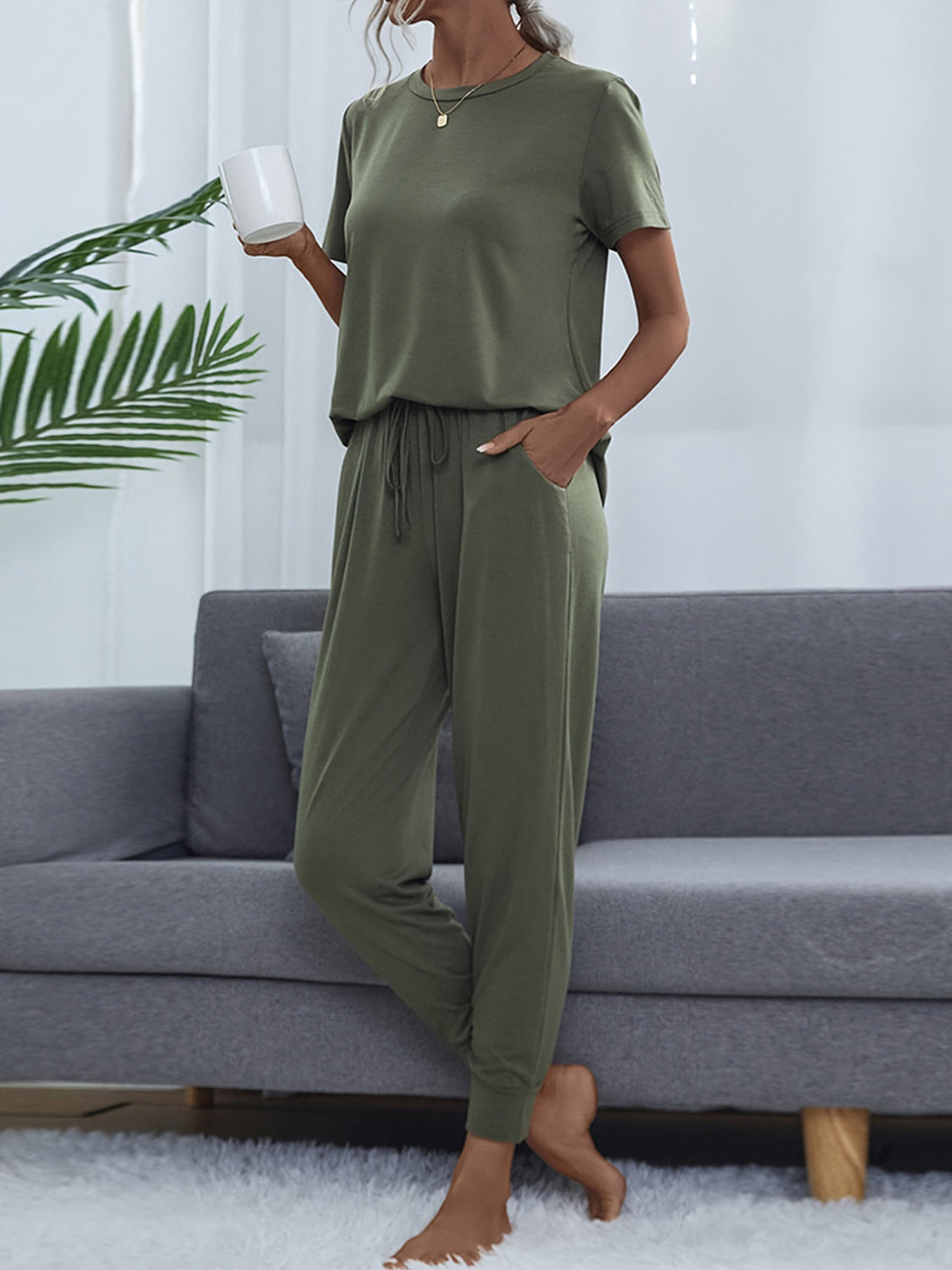 Round Neck Short Sleeve Top and Pants Set - FunkyPeacockStore (Store description)