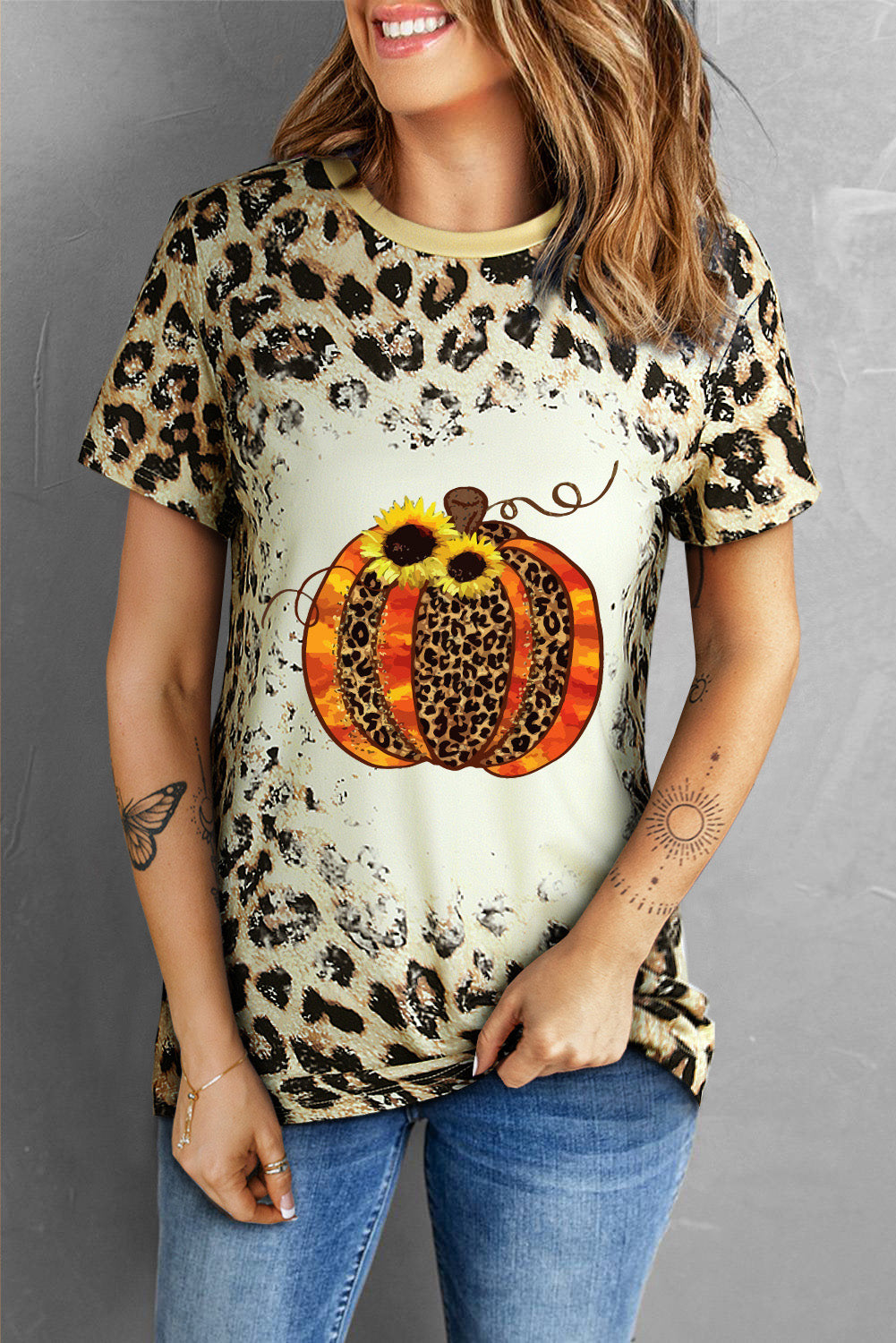 Leopard Pumpkin Graphic Round Neck Tee - FunkyPeacockStore (Store description)