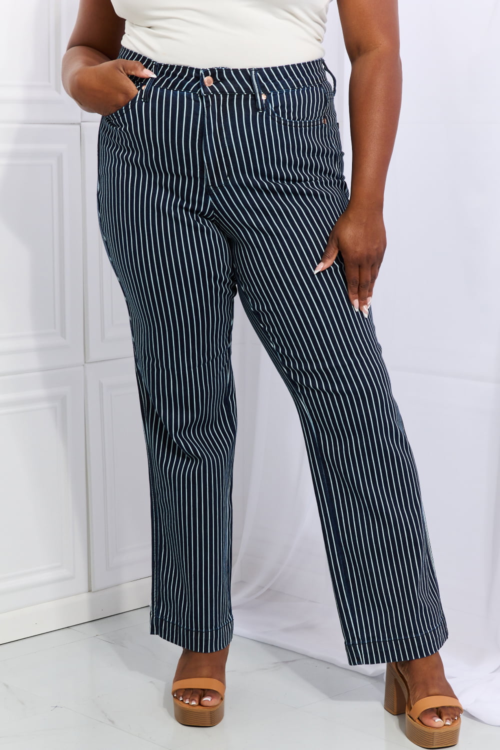 Judy Blue Cassidy High Waisted Tummy Control Striped Straight Jeans - FunkyPeacockStore (Store description)