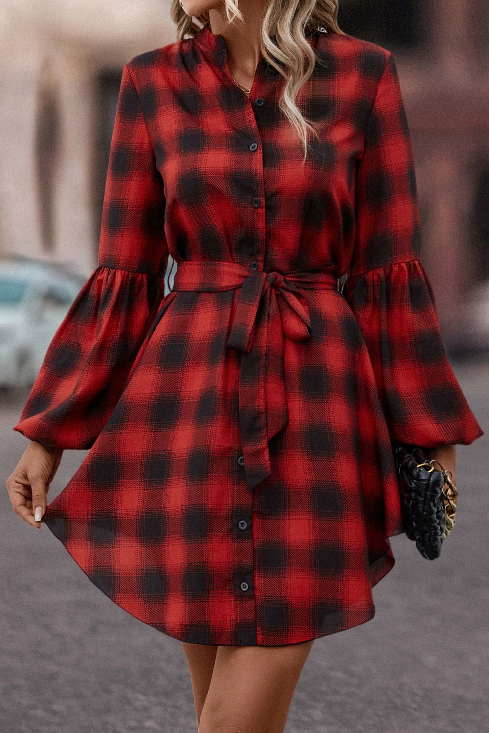 Plaid Tie Waist Balloon Sleeve Mini Dress - FunkyPeacockStore (Store description)