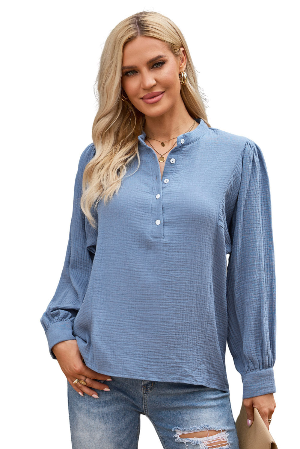 Half Button Puff Sleeve Blouse - FunkyPeacockStore (Store description)