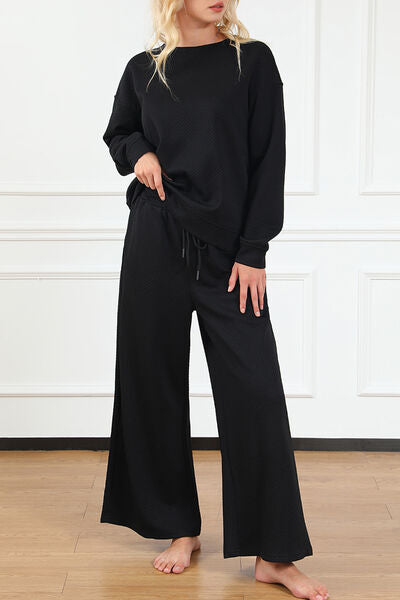 Double Take Textured Long Sleeve Top and Drawstring Pants Set - FunkyPeacockStore (Store description)