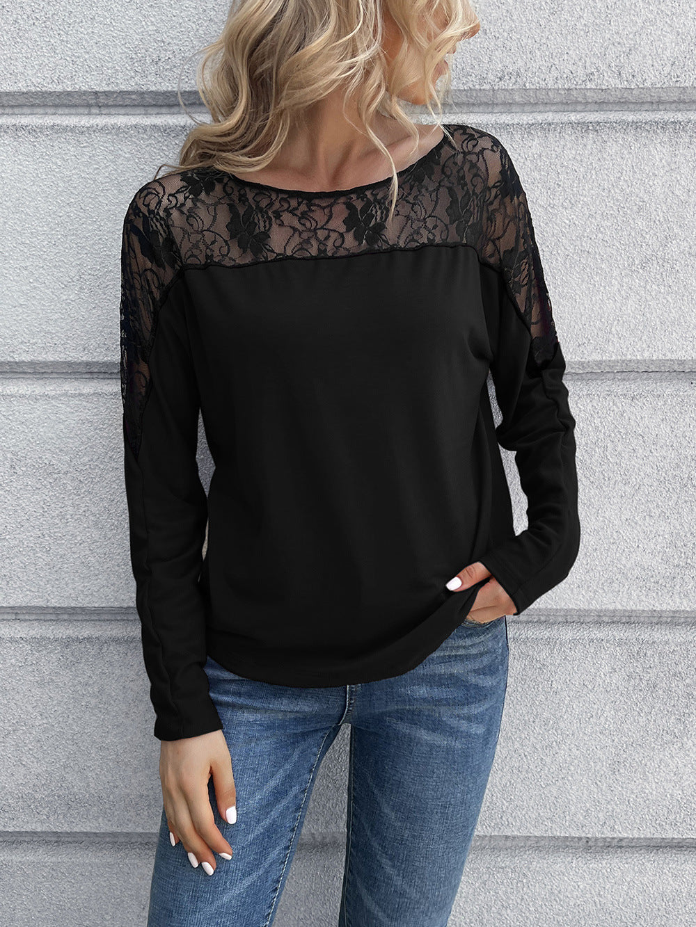 Lace Long Sleeve Round Neck Tee - FunkyPeacockStore (Store description)