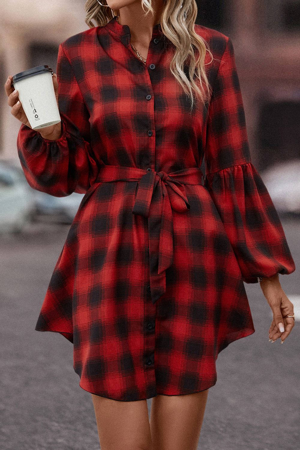 Plaid Tie Waist Balloon Sleeve Mini Dress - FunkyPeacockStore (Store description)