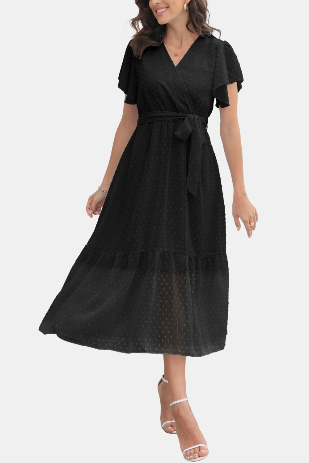 Surplice Neck Flutter Sleeve Tied Dress - FunkyPeacockStore (Store description)