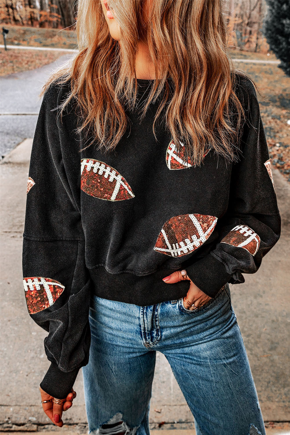 Sequin Football Patch Open Back Sweatshirt - FunkyPeacockStore (Store description)