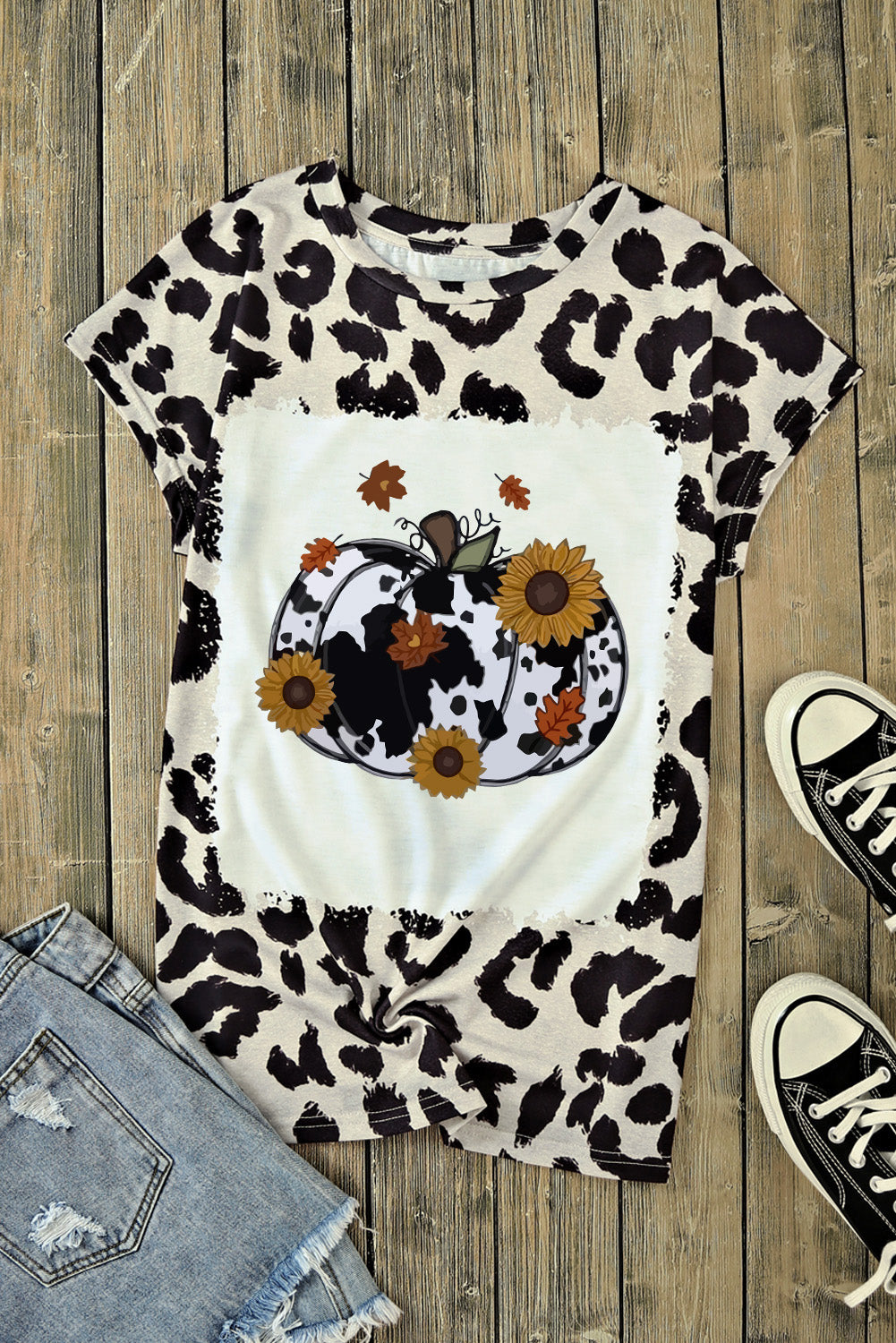 Leopard Print Round Neck Pumpkin Graphic Tee - FunkyPeacockStore (Store description)