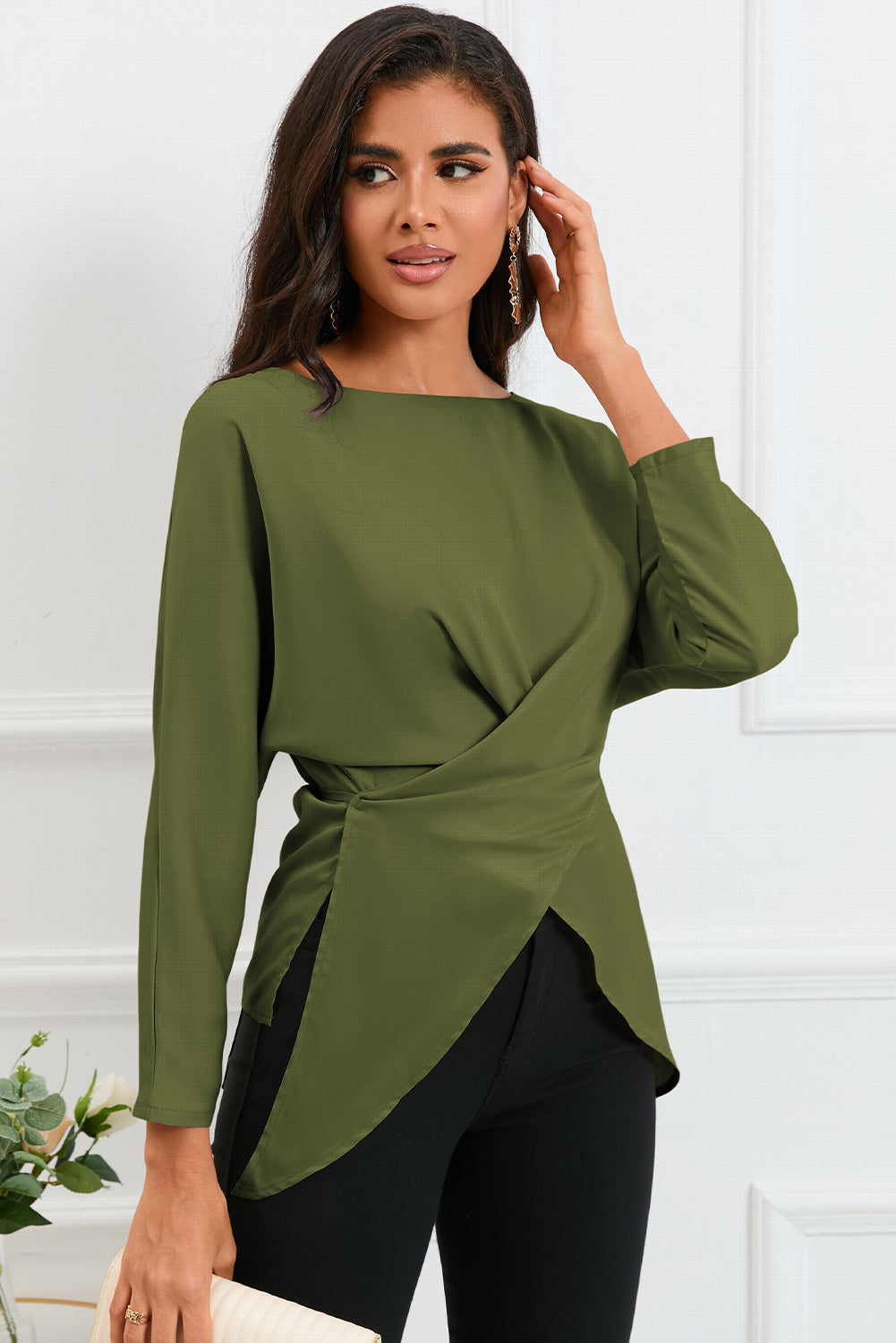 Boat Neck Back Tie Long Sleeve Satin Blouse - FunkyPeacockStore (Store description)