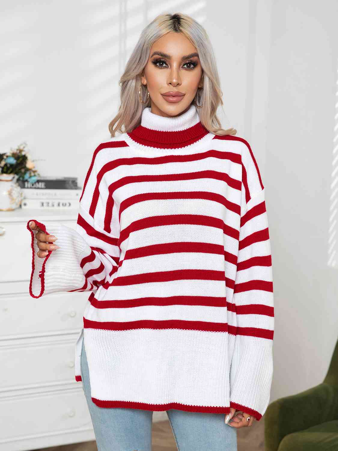 Striped Slit Turtleneck Drop Shoulder Sweater - FunkyPeacockStore (Store description)