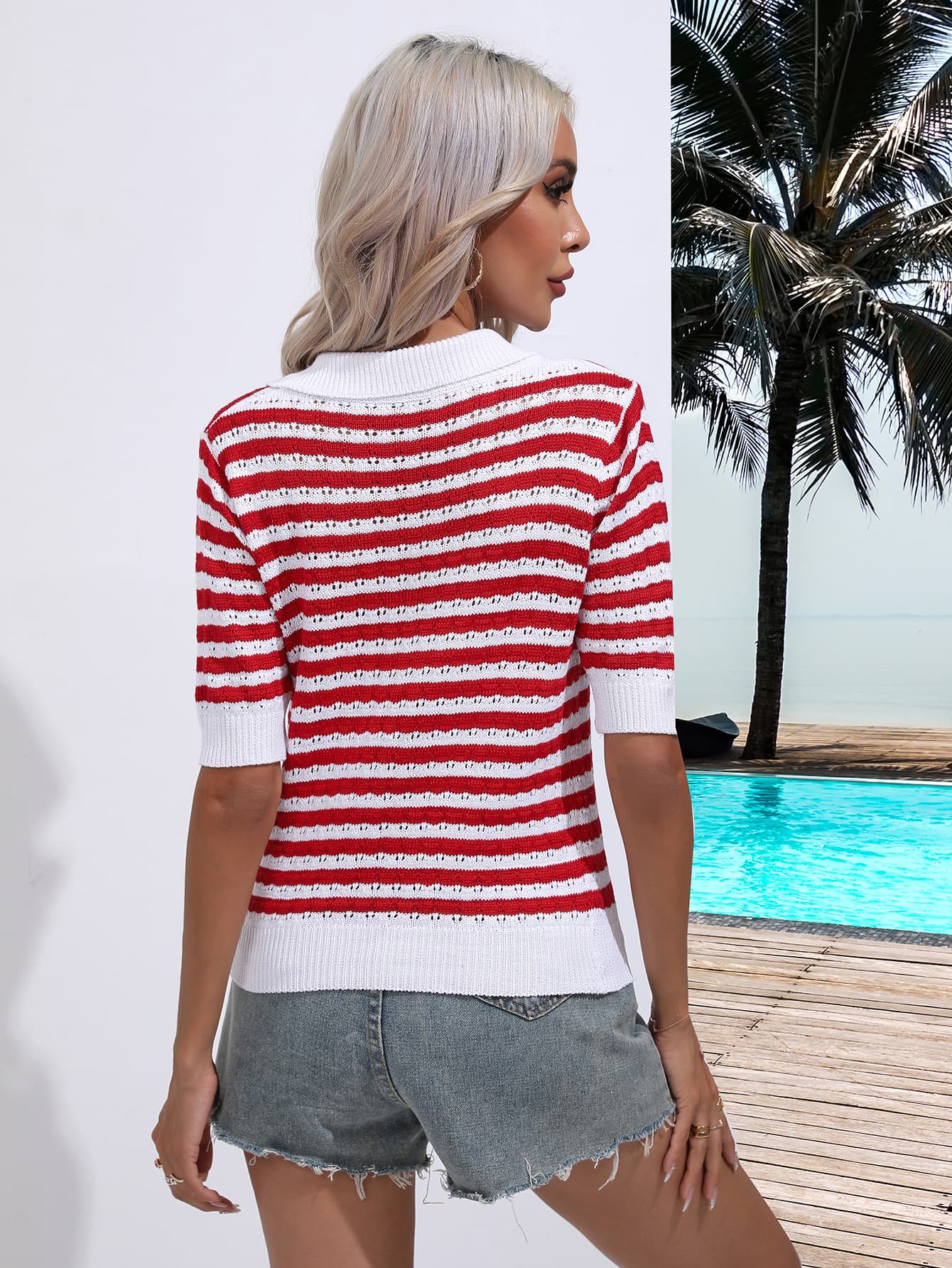 Striped Johnny Collar Half Sleeve Knit Top - FunkyPeacockStore (Store description)