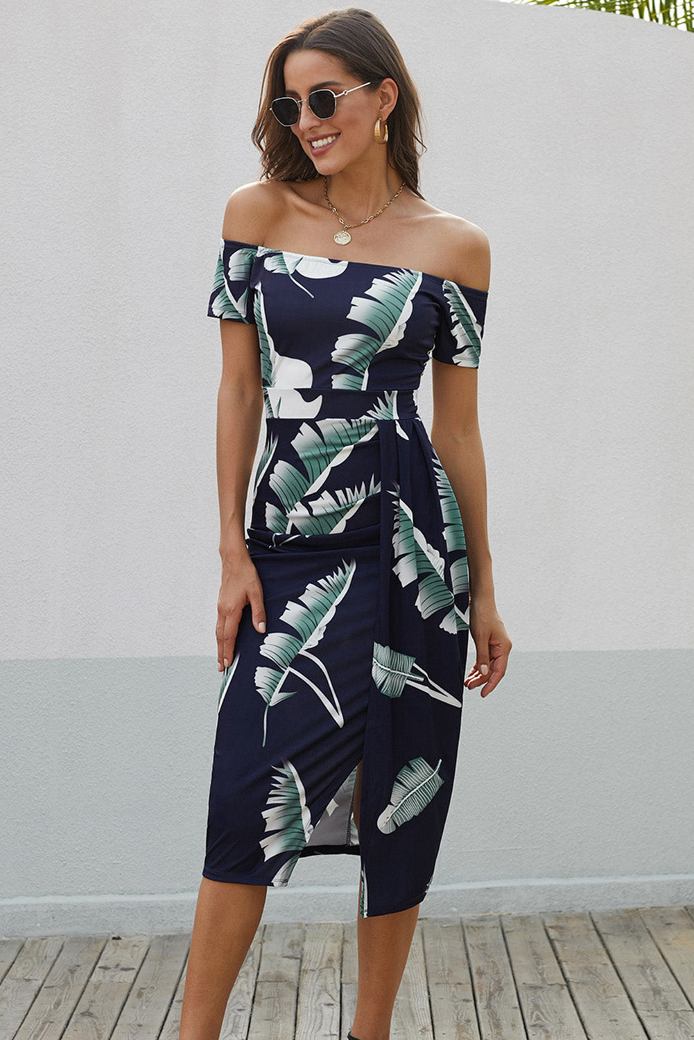 Printed Off-Shoulder Split Dress - FunkyPeacockStore (Store description)