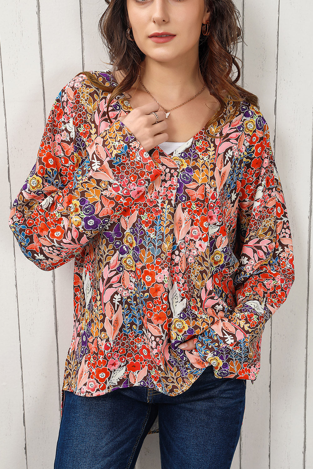 Floral V-Neck Long Sleeve Blouse - FunkyPeacockStore (Store description)