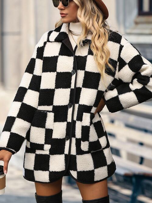 Double Take Plus Size Checkered Button Front Coat with Pockets - FunkyPeacockStore (Store description)