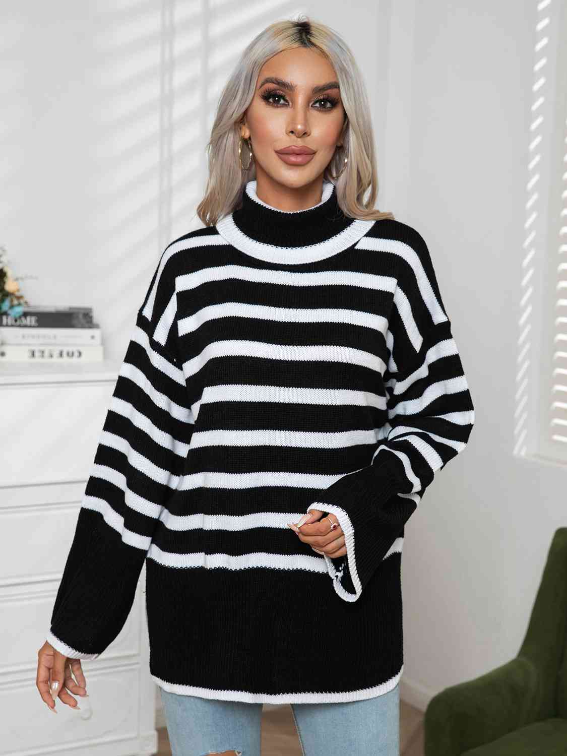 Striped Slit Turtleneck Drop Shoulder Sweater - FunkyPeacockStore (Store description)