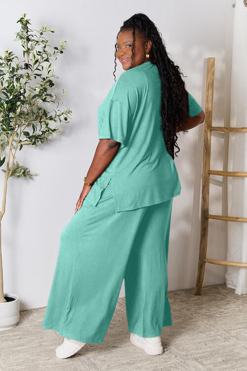 Double Take Full Size Round Neck Slit Top and Pants Set - FunkyPeacockStore (Store description)