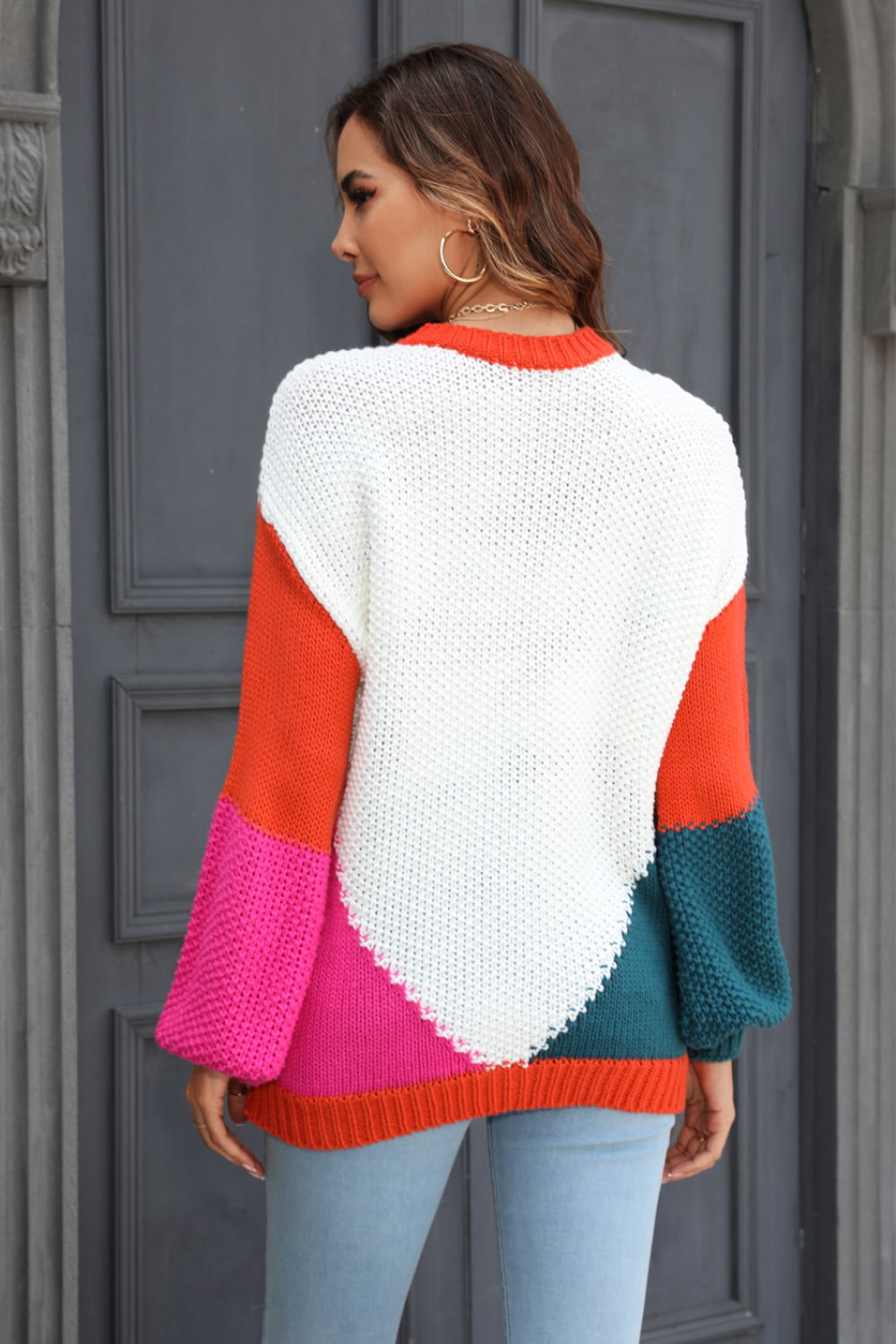 Color Block Round Neck Drop Shoulder Sweater - FunkyPeacockStore (Store description)