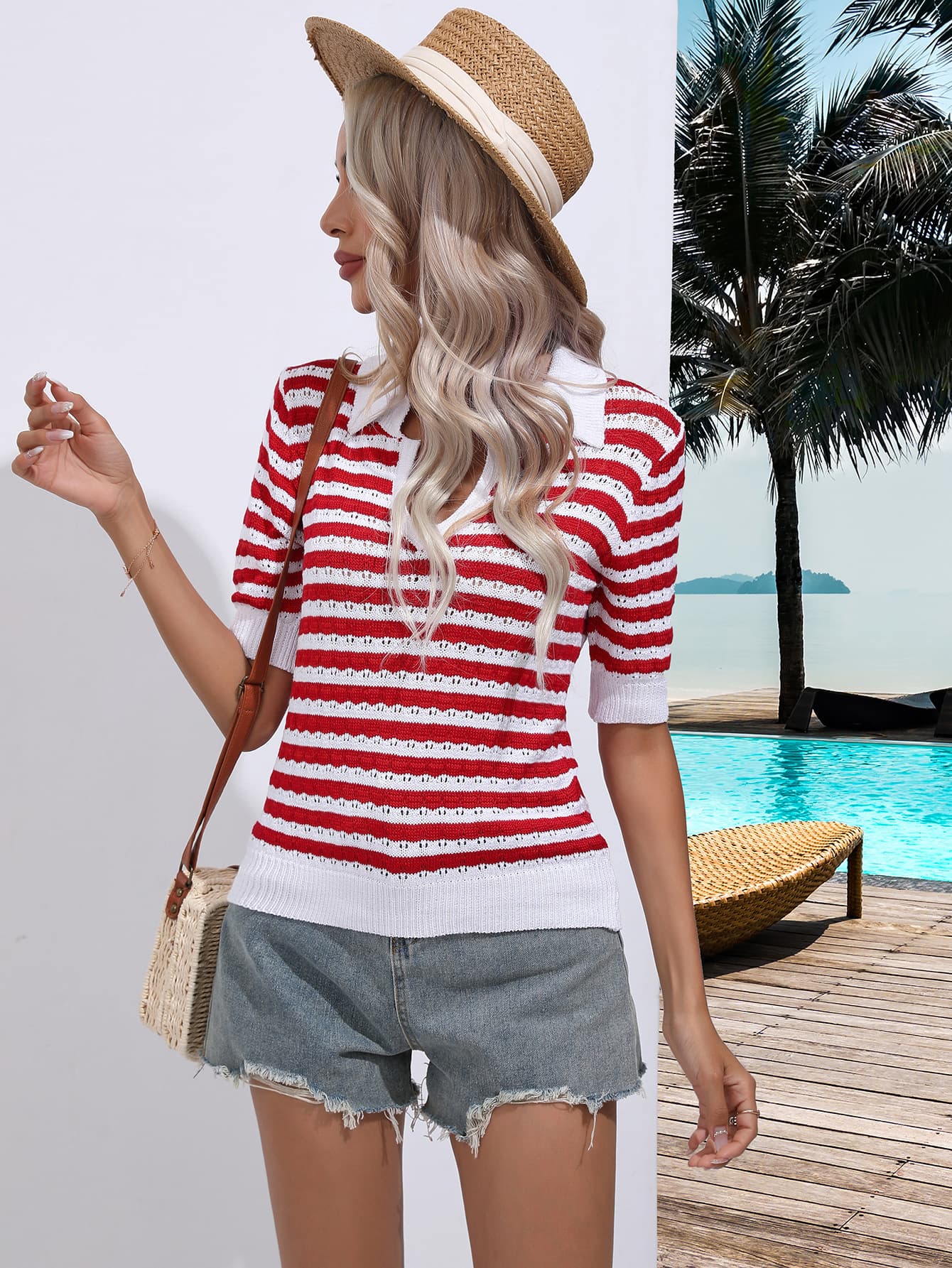 Striped Johnny Collar Half Sleeve Knit Top - FunkyPeacockStore (Store description)