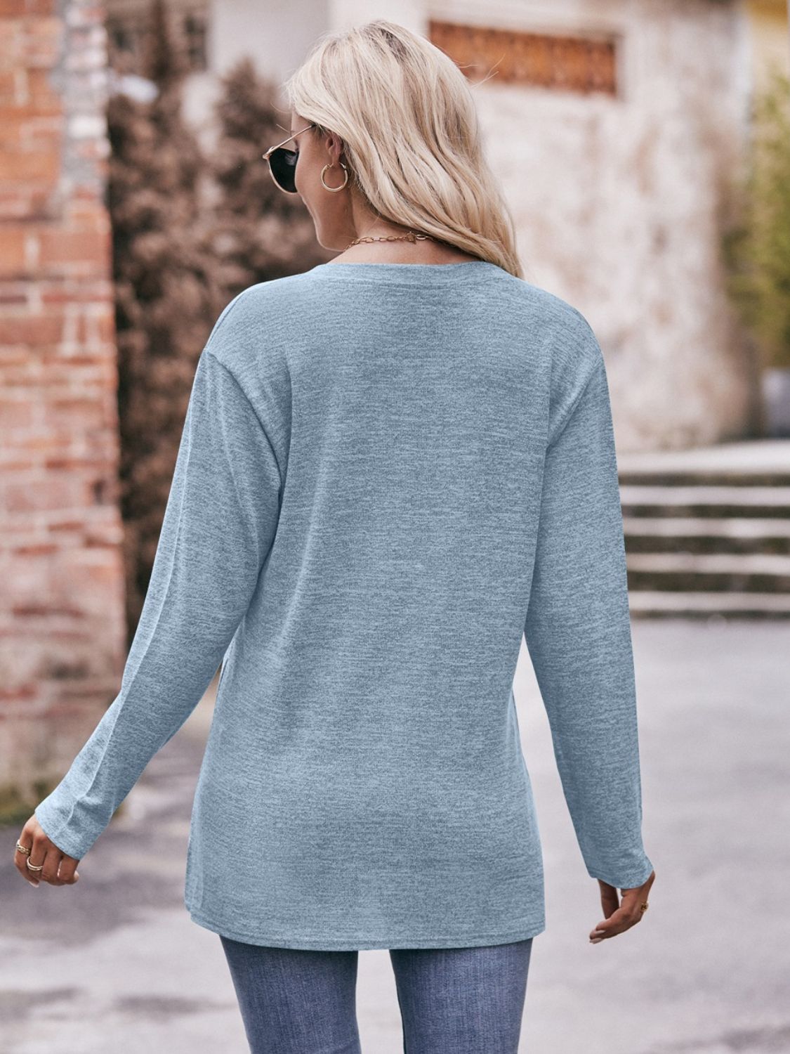 Buttoned Notched Neck Long Sleeve Top - FunkyPeacockStore (Store description)