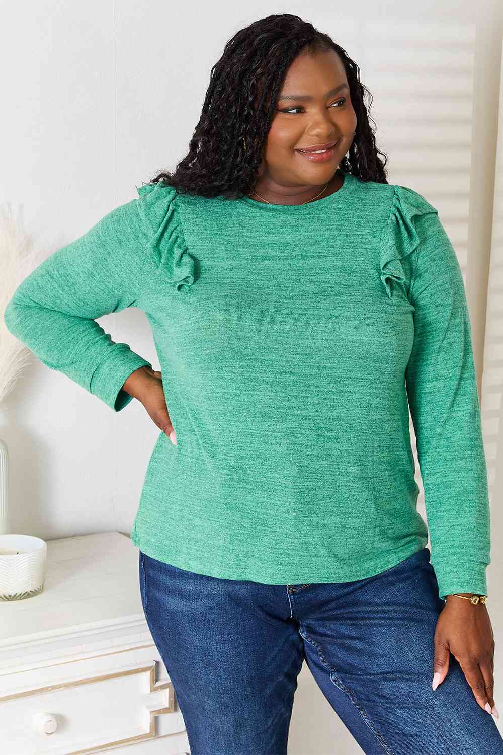 Double Take Ruffle Shoulder Long Sleeve T-Shirt - FunkyPeacockStore (Store description)