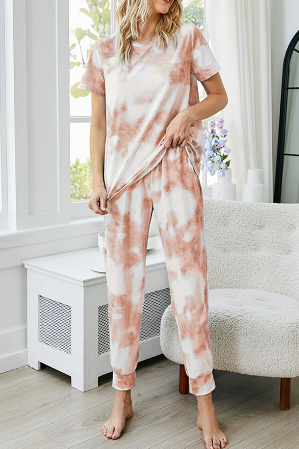 Tie-Dye Round Neck Short Sleeve Top and Pants Lounge Set - FunkyPeacockStore (Store description)