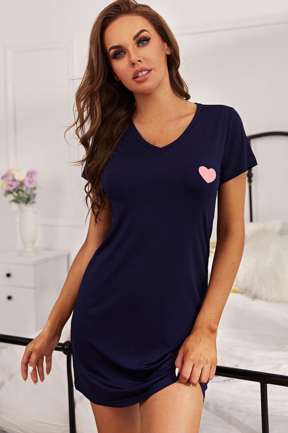 Heart Graphic Short Sleeve Night Dress - FunkyPeacockStore (Store description)