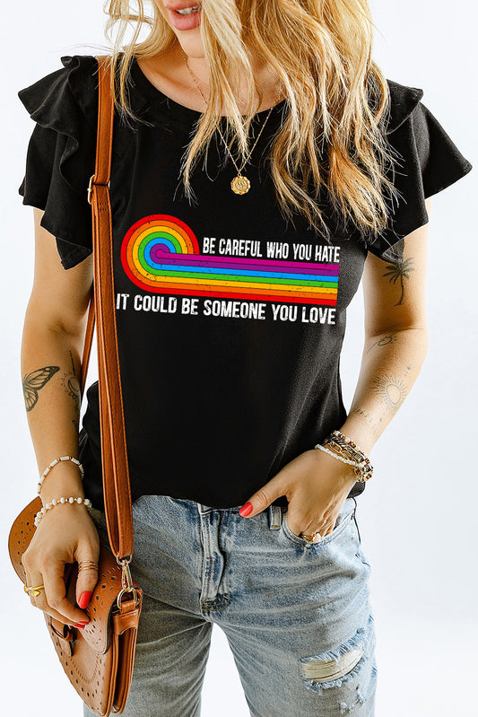 Rainbow Slogan Graphic Layered Flutter Sleeve Top - FunkyPeacockStore (Store description)