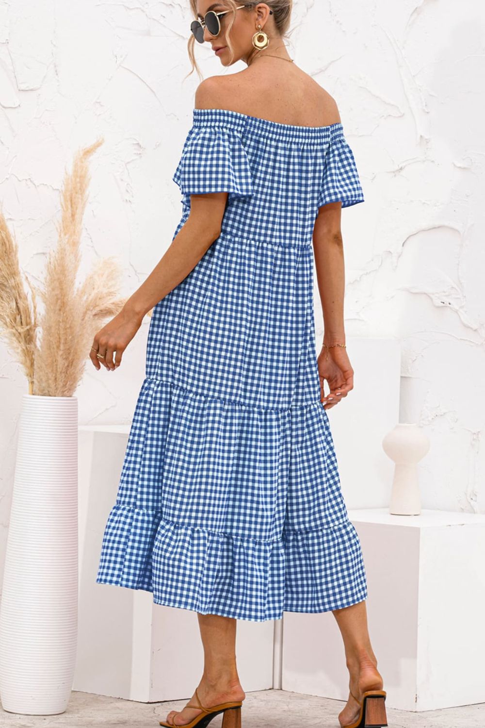 Plaid Off-Shoulder Tiered Midi Dress - FunkyPeacockStore (Store description)