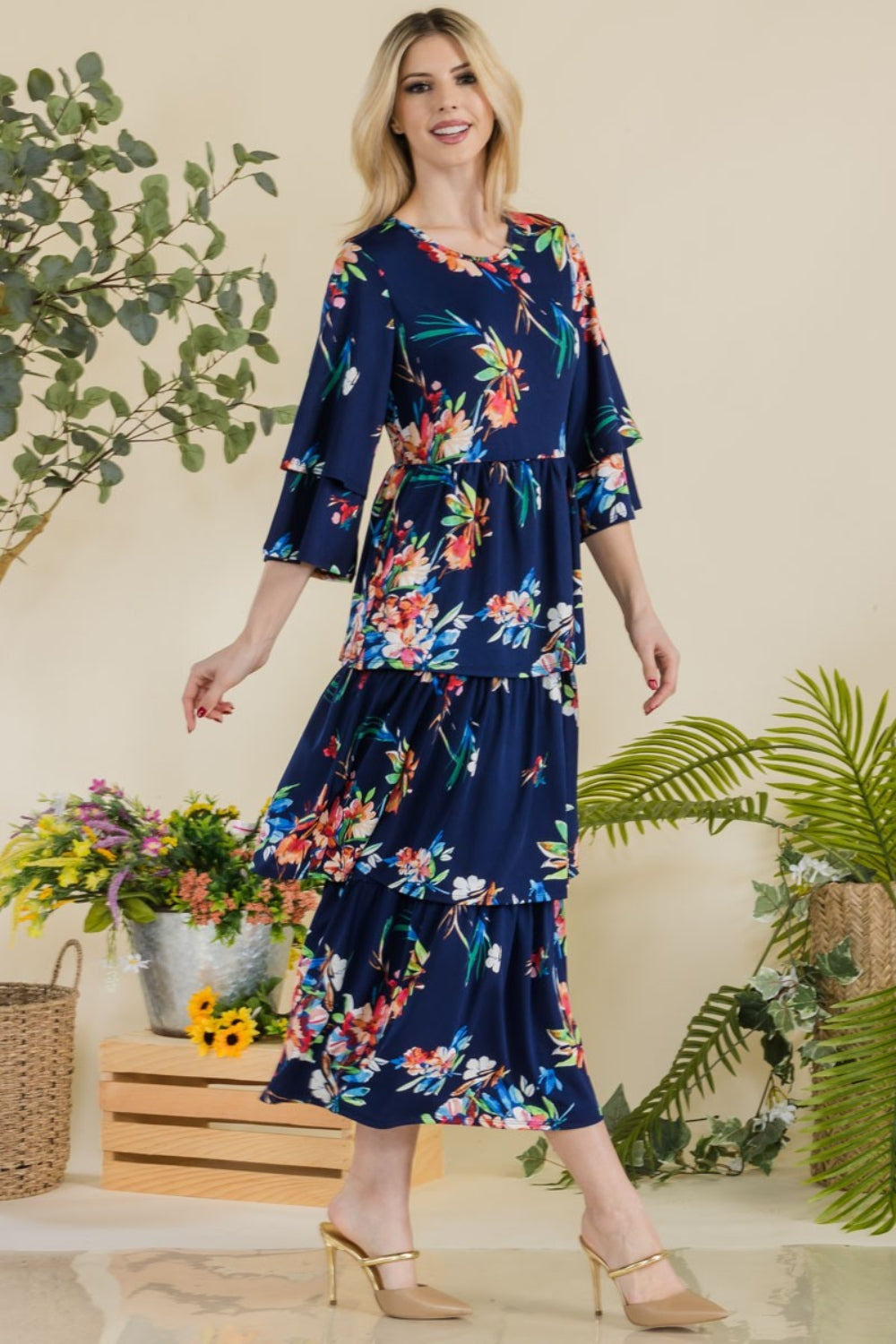 Celeste Floral Ruffle Tiered Midi Dress - FunkyPeacockStore (Store description)