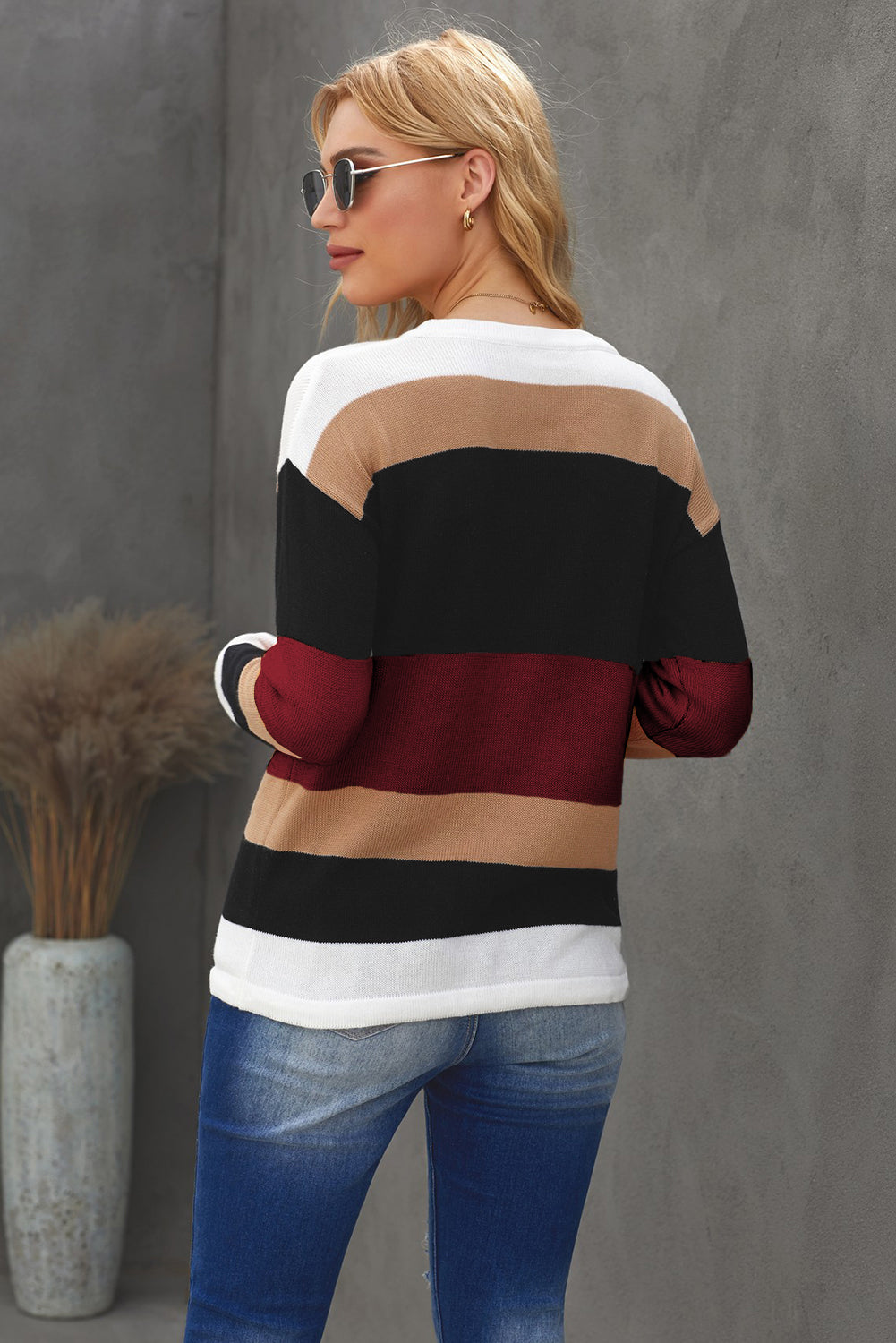 Round Neck Color Block Dropped Shoulder Knit Top - FunkyPeacockStore (Store description)