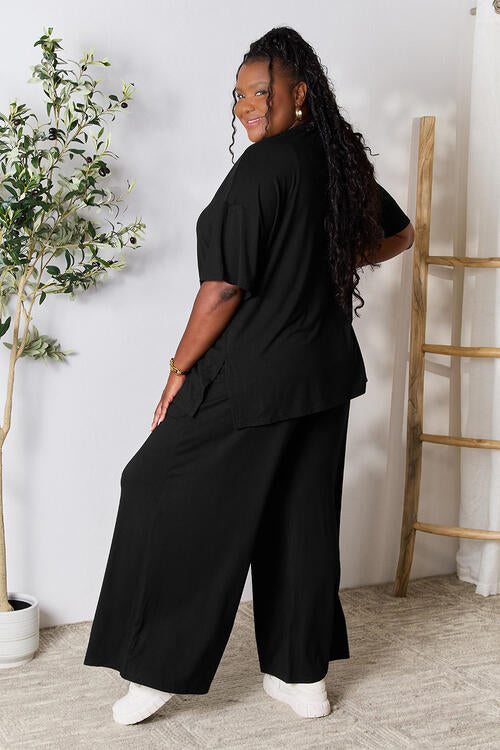 Double Take Full Size Round Neck Slit Top and Pants Set - FunkyPeacockStore (Store description)