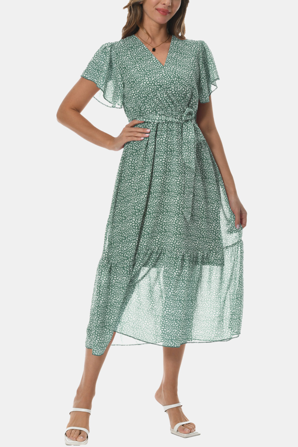 Surplice Neck Flutter Sleeve Tied Dress - FunkyPeacockStore (Store description)