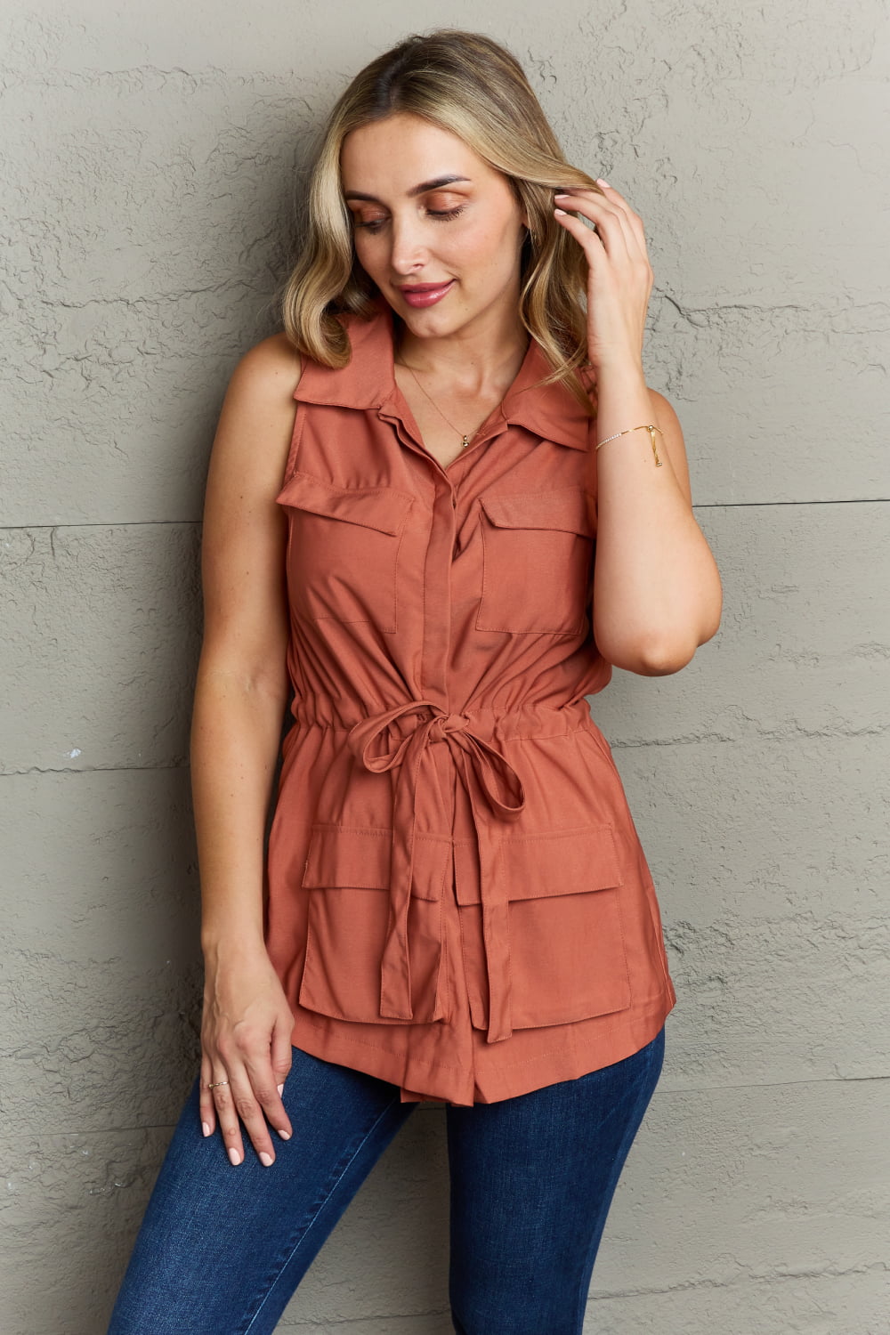 Ninexis Follow The Light Sleeveless Collared Button Down Top - FunkyPeacockStore (Store description)