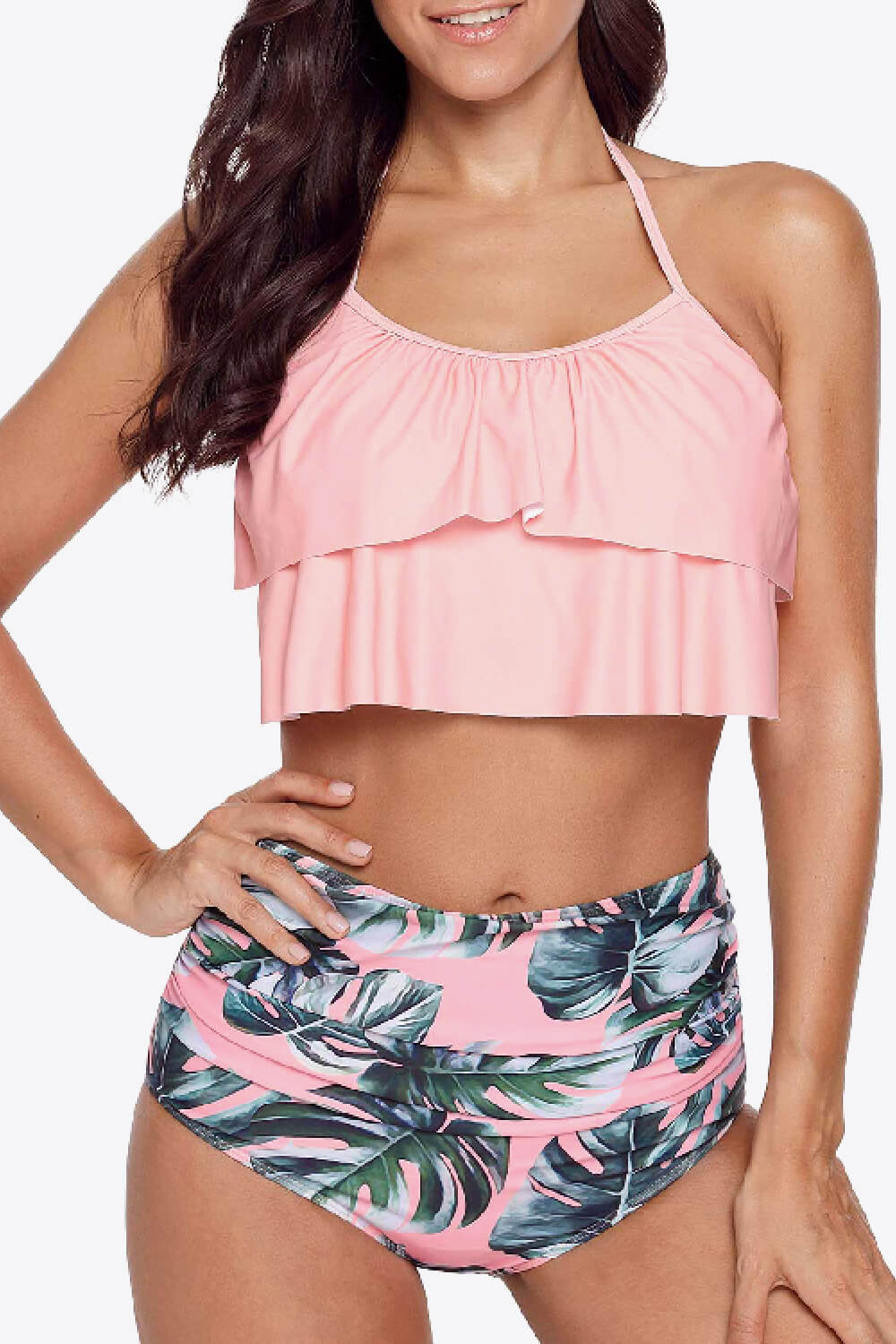 Halter Neck Tie Back Crop Swim Top and Botanical Print Swim Bottoms Set - FunkyPeacockStore (Store description)