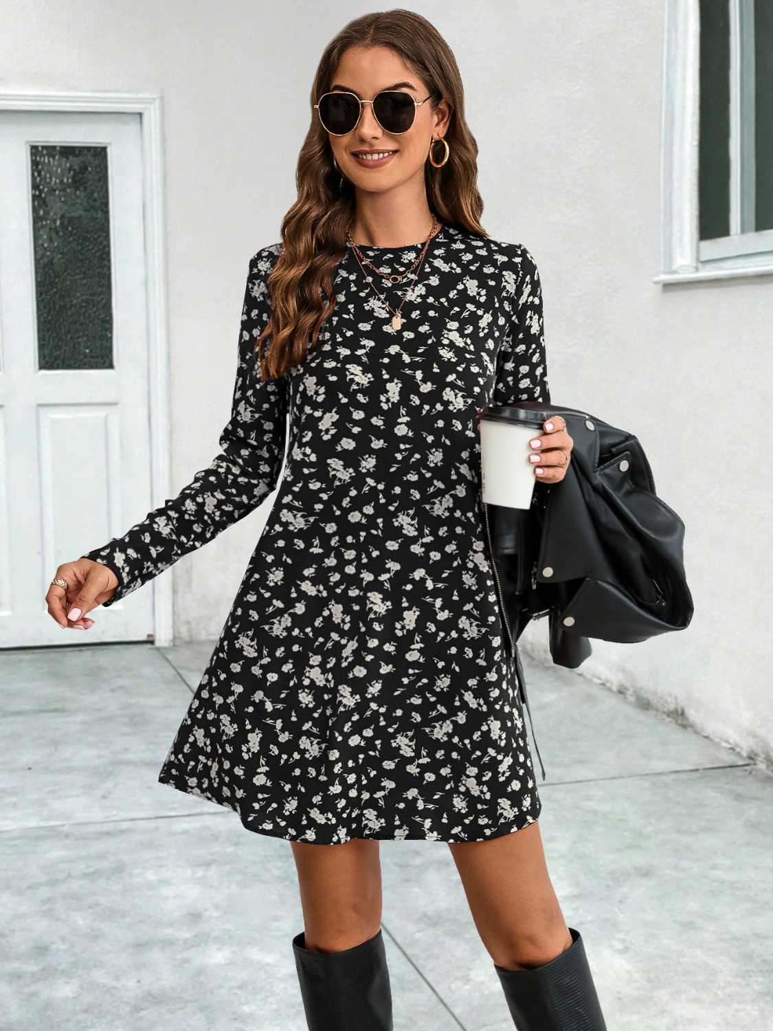 Round Neck Long Sleeve Mini Dress - FunkyPeacockStore (Store description)