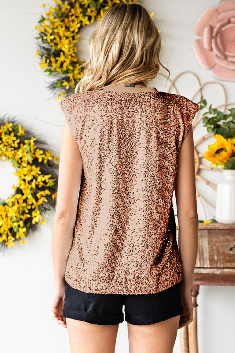 Sequin Round Neck Capped Sleeve Tank - FunkyPeacockStore (Store description)