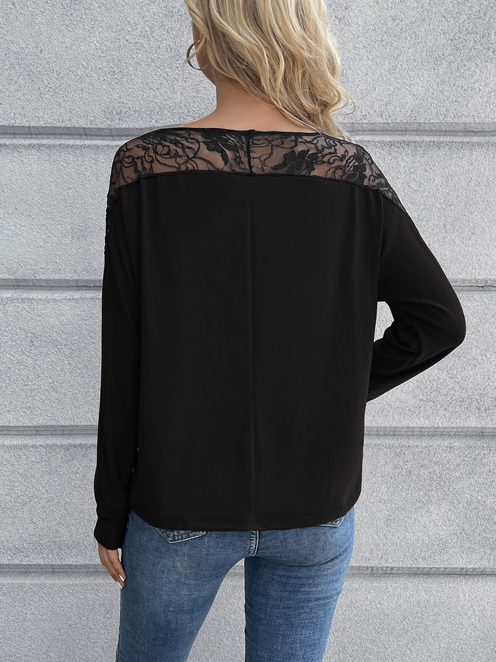 Lace Long Sleeve Round Neck Tee - FunkyPeacockStore (Store description)