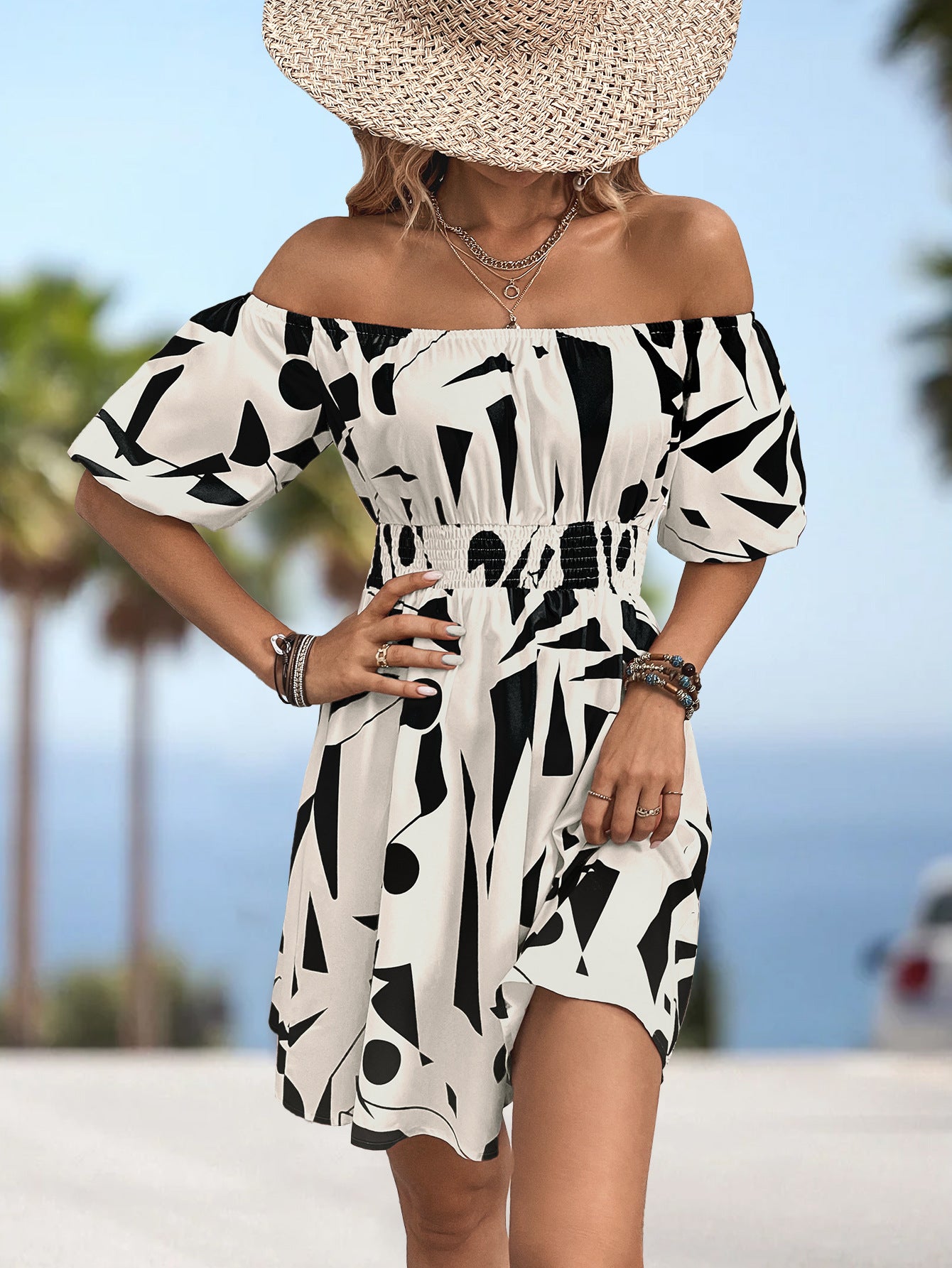 Printed Off-Shoulder Smocked Waist Dress - FunkyPeacockStore (Store description)