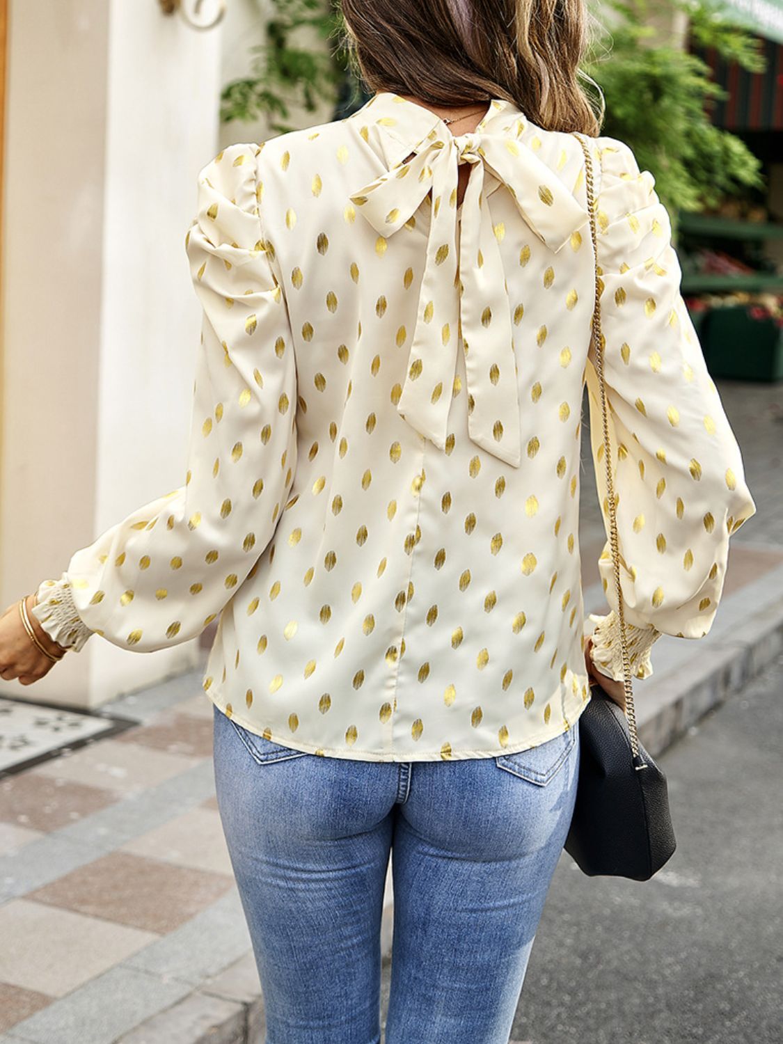 Printed Mock Neck Lantern Sleeve Blouse - FunkyPeacockStore (Store description)